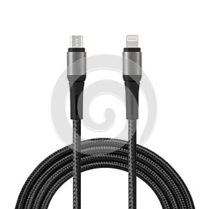 Black cable for charging and synchronization with Lightning and Micro USB connectors on a white isolated background
