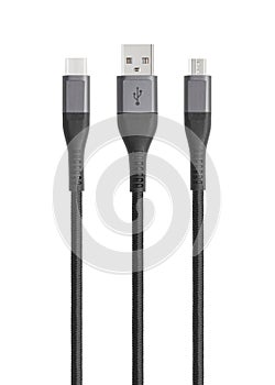 Black cable for charging and synchronization with Type - C, USB, Micro USB, Lightning connectors on a white background