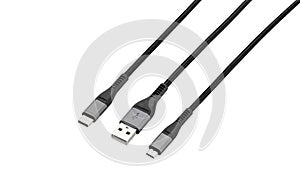 Black cable for charging and synchronization with Type - C, USB, Micro USB, Lightning connectors on a white background