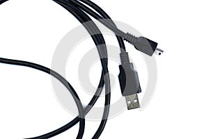 The black cable for connection lies on a white isolated background.