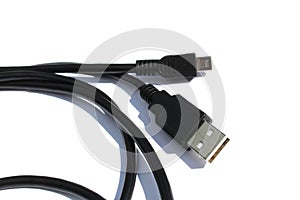 The black cable for connection lies on a white isolated background.