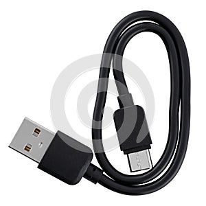 Black cable with USB and Type-C connectors, on a white background