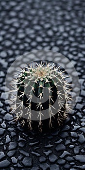 Black Cactus Plant On Pebbles: Tabletop Photography With Tactile Surfaces
