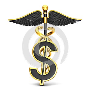 Black caduceus medical symbol and dollar sign