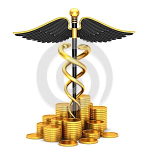Black caduceus medical symbol and gold coins