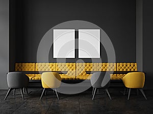 Black cafe interior with seats and table, dining zone with couch. Mockup frames