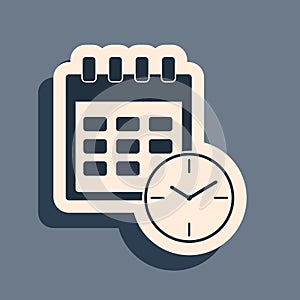 Black Calendar and clock icon isolated on grey background. Schedule, appointment, organizer, timesheet, time management