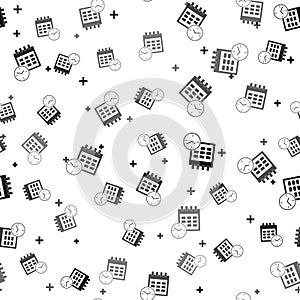 Black Calendar and clock icon isolated seamless pattern on white background. Schedule, appointment, organizer, timesheet