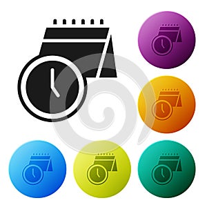 Black Calendar and clock icon isolated on white background. Schedule, appointment, organizer, timesheet, time management