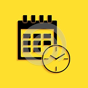 Black Calendar and clock icon isolated on yellow background. Schedule, appointment, organizer, timesheet, time