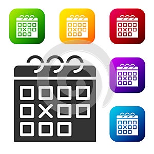 Black Calendar fitness icon isolated on white background. Training schedule. Set icons in color square buttons. Vector