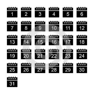 Black calendar icons set. Days 1 to 31. Glyph style date shapes.