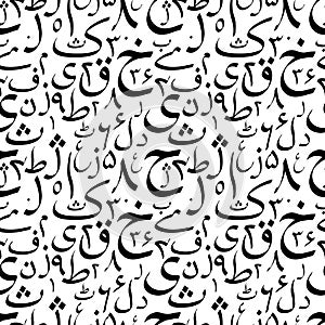 Black calligraphy Urdu letters on white, abstract seamless pattern