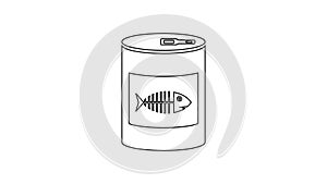 Black Canned food for cat line icon on white background. Fish skeleton sign. Food for animals. Pet dog food can. 4K