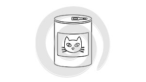 Black Canned food for cat line icon on white background. Food for animals. Pet dog food can. 4K Video motion graphic