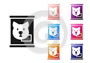 Black Canned food icon isolated on white background. Food for animals. Pet food can. Dog bone sign. Set icons colorful