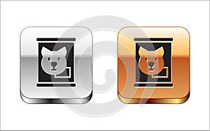 Black Canned food icon isolated on white background. Food for animals. Pet food can. Dog bone sign. Silver and gold