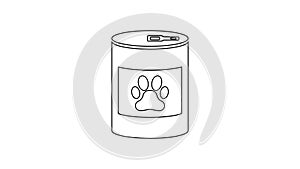 Black Canned food line icon on white background. Food for animals. Pet food can. Dog or cat paw print. 4K Video motion