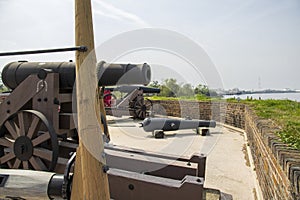 black cannons with a brown wooden base in front of a red brick wall with lush green plants and trees along the Savannah River