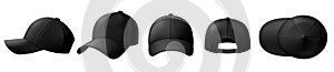 Black cap mockup. Baseball caps, sport hat template and realistic 3D top view cap vector illustration set
