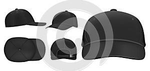 Black cap mockup. Sport baseball caps template, summer hat with visor and uniform hats different views realistic 3D photo