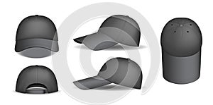 Black caps set. Realisitc 3d caps for baseball, template mockups for corporate branding