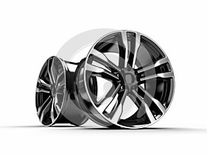 Black car alloy wheel, isolated over white background 3D rendering illustration.