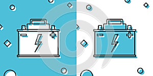 Black Car battery icon isolated on blue and white background. Accumulator battery energy power and electricity