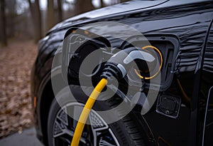 Black car charging at charger station, green transportation concept