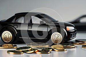 black car with coins, car tax and financing, car insurance and car loans, concept of saving money on buying a car at a
