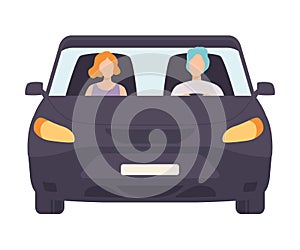 Black Car with Driver and Passenger, Front View Vector Illustration