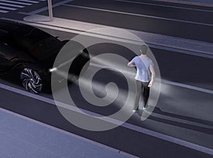 Black car emergency braking avoid car accident from pedestrian walking cross road at darkness