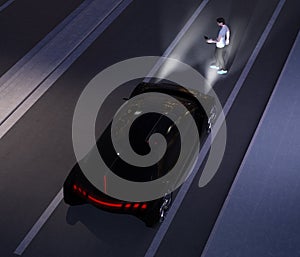 Black car emergency braking avoid car accident from pedestrian walking cross road at darkness