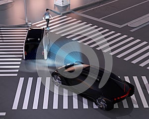 Black car emergency braking to avoid car accident from minivan waiting pedestrian walking cross