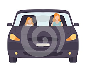 Black Car with Female Driver and Passenger, Front View Vector Illustration