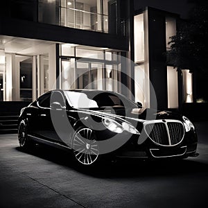 a black car parked outside a luxury home at night time