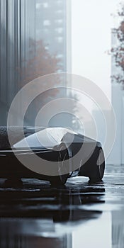 A black car is parked in the rain