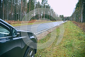 A black car is parked on the side of an asphalt road in an autumn pine forest while traveling through the countryside