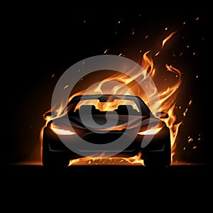 Black car silhouette with fire flame effect