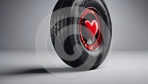 Black car tire with red heart. Concept of vulcanization.