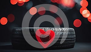 Black car tire with red heart. Concept of vulcanization.
