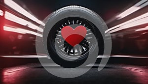 Black car tire with red heart. Concept of vulcanization.