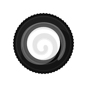 Black car tire, side view. Automobile parts theme. Flat vector element for sale poster or flyer of auto shop