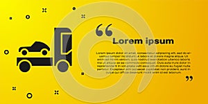 Black Car transporter truck for transportation of car icon isolated on yellow background. Vector Illustration