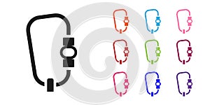 Black Carabiner icon isolated on white background. Extreme sport. Sport equipment. Set icons colorful. Vector