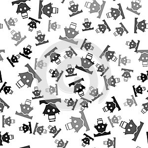 Black Cargo ship icon isolated seamless pattern on white background. Vector