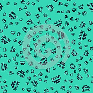 Black Cargo train wagon icon isolated seamless pattern on green background. Full freight car. Railroad transportation