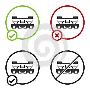 Black Cargo train wagon icon isolated on white background. Freight car. Railroad transportation. Circle button. Vector