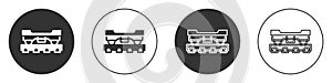 Black Cargo train wagon icon isolated on white background. Freight car. Railroad transportation. Circle button. Vector