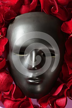 Black carnival mask with red rose petals